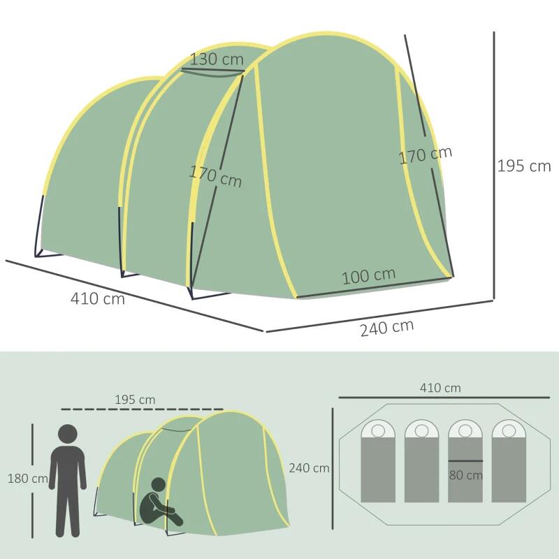 Cort camping, 4-6 persoane, impermeabil, material Oxford, cu vestibul, husa, verde, 410x240x195 cm