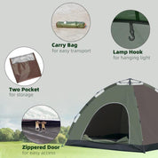 Cort camping, 4 persoane, impermeabil, cu geanta, deschidere automata, verde si maro, 210x210x135 cm