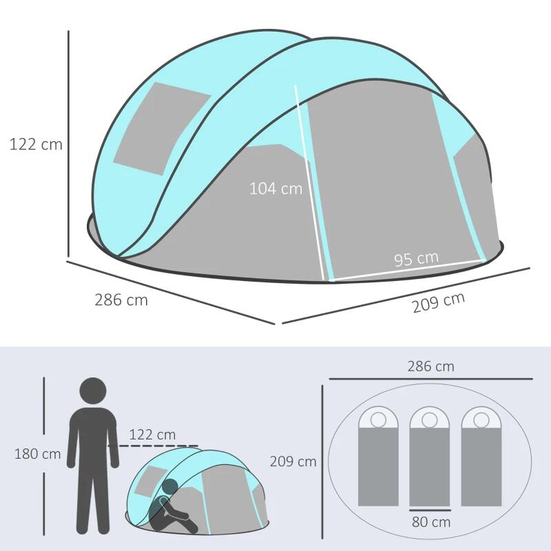 Cort camping, 4 persoane, impermeabil, tip igloo, cu 2 ferestre, 2 intrari, husa, deschidere automata, albastru deschis si gri, 286x209x122 cm