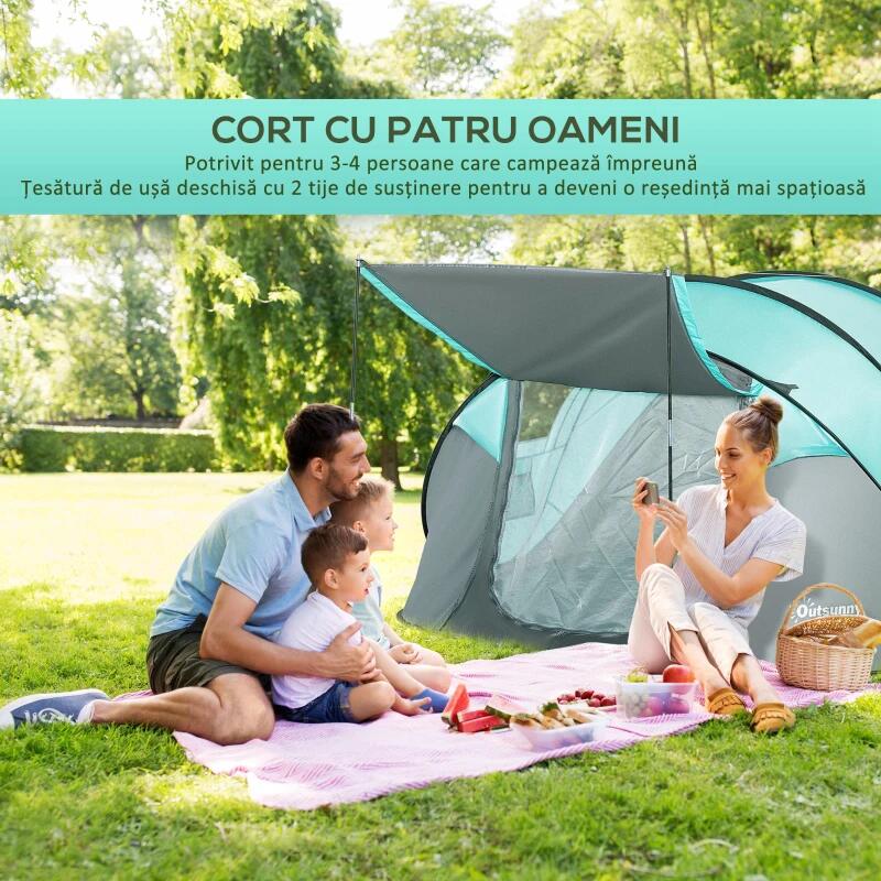 Cort camping, 4 persoane, impermeabil, tip igloo, cu 2 ferestre, 2 intrari, husa, deschidere automata, albastru deschis si gri, 286x209x122 cm