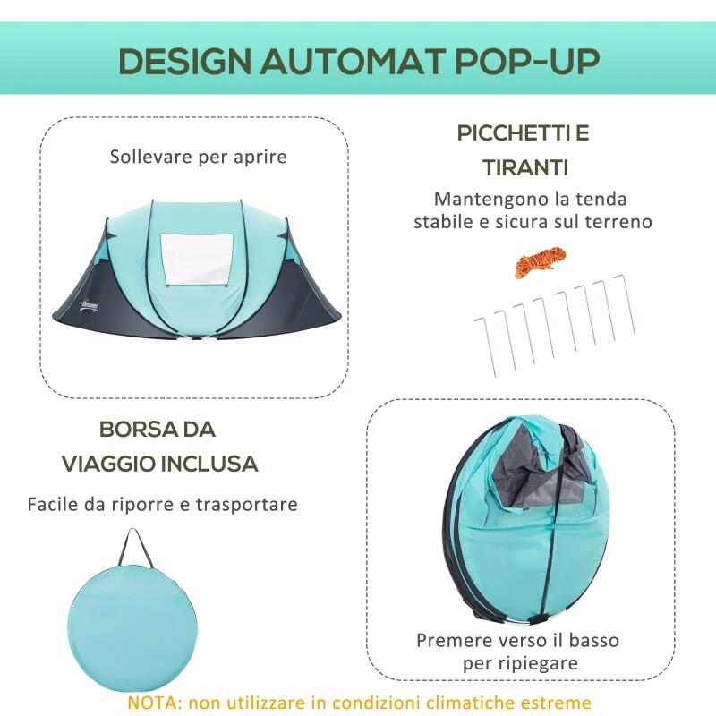 Cort camping, 4 persoane, impermeabil, tip igloo, cu 2 ferestre, 2 intrari, husa, deschidere automata, albastru deschis si gri, 286x209x122 cm