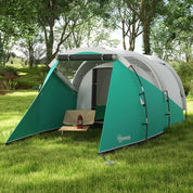 Cort camping, 4 persoane, impermeabil, tip tunel, cu vestibul si ferestre, verde si alb, 460x260x190 cm