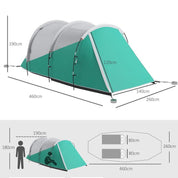 Cort camping, 4 persoane, impermeabil, tip tunel, cu vestibul si ferestre, verde si alb, 460x260x190 cm