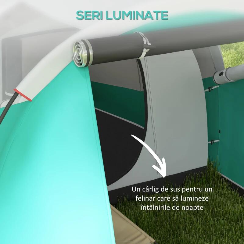 Cort camping, 4 persoane, impermeabil, tip tunel, cu vestibul si ferestre, verde si alb, 460x260x190 cm