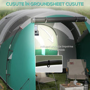 Cort camping, 4 persoane, impermeabil, tip tunel, cu vestibul si ferestre, verde si alb, 460x260x190 cm