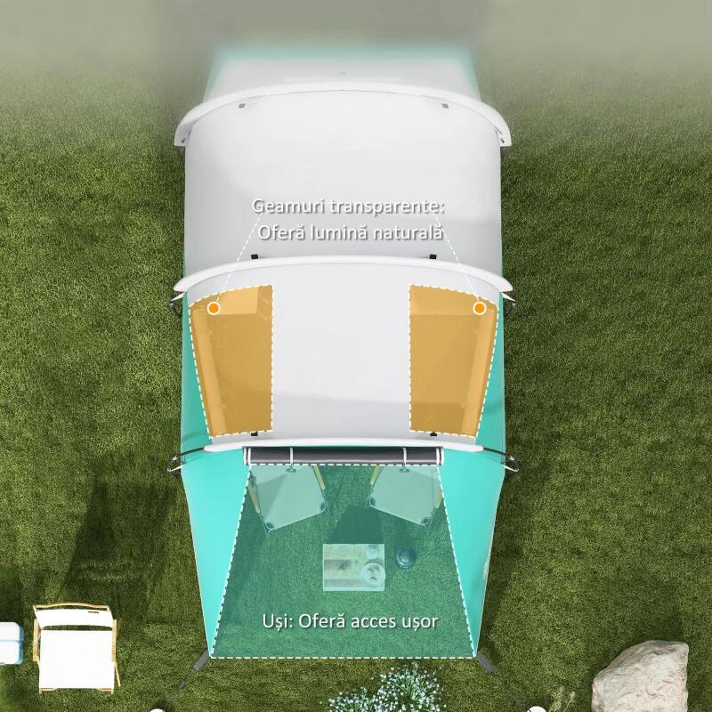 Cort camping, 4 persoane, impermeabil, tip tunel, cu vestibul si ferestre, verde si alb, 460x260x190 cm