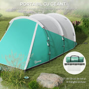 Cort camping, 4 persoane, impermeabil, tip tunel, cu vestibul si ferestre, verde si alb, 460x260x190 cm