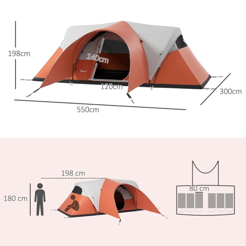 Cort camping, 5-6 persoane, impermeabil, cu copertina, ferestre, geanta, portocaliu, 550x300x198 cm