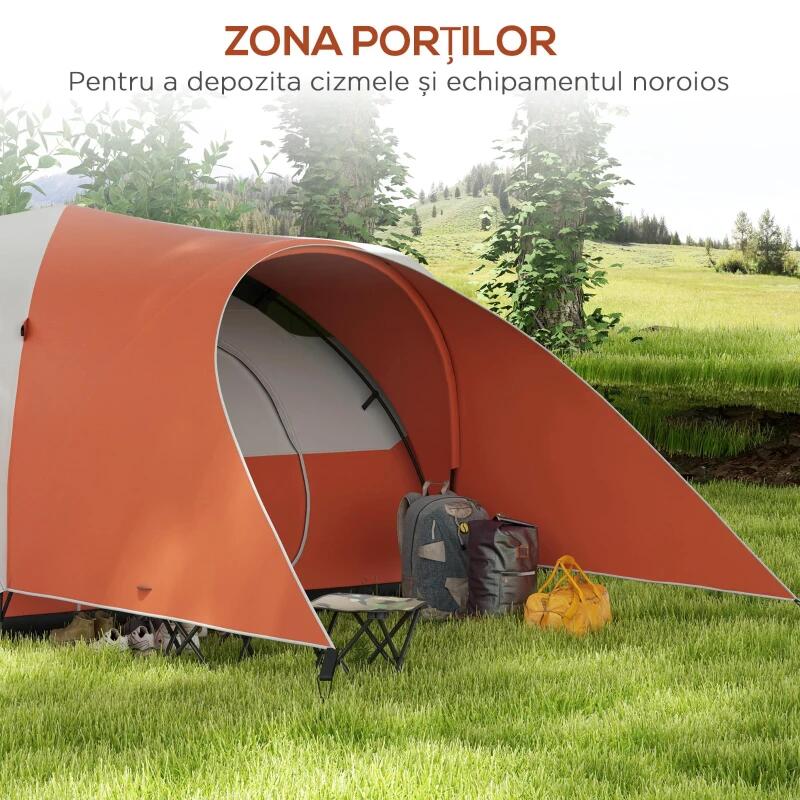 Cort camping, 5-6 persoane, impermeabil, cu copertina, ferestre, geanta, portocaliu, 550x300x198 cm