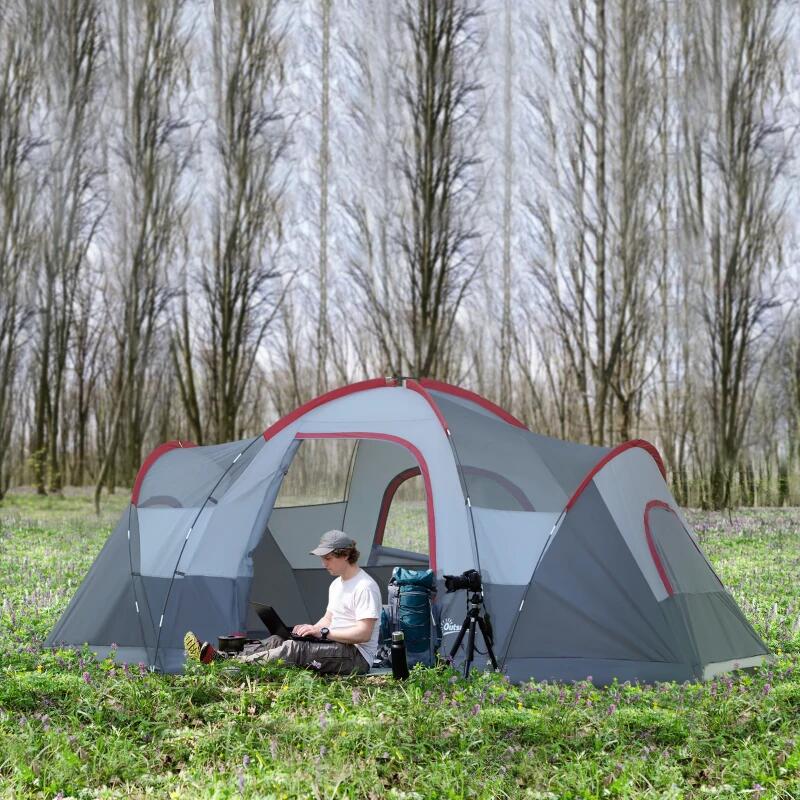 Cort camping, 5-6 persoane, material Oxford, impermeabil, cu copertina, geanta, gri si rosu, 455x230x180 cm
