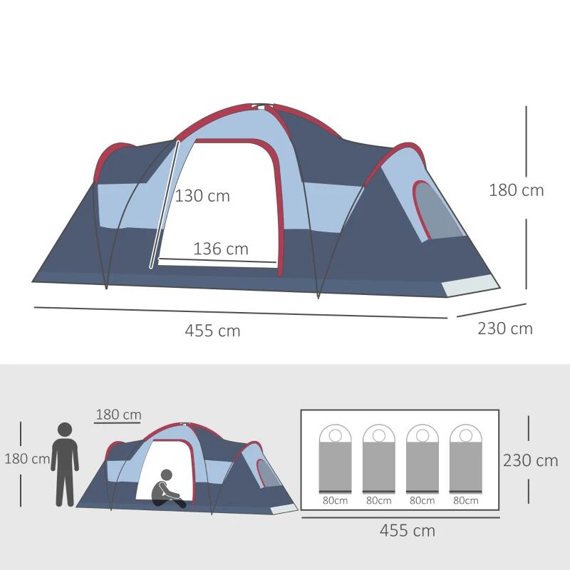 Cort camping, 5-6 persoane, material Oxford, impermeabil, cu copertina, geanta, gri si rosu, 455x230x180 cm