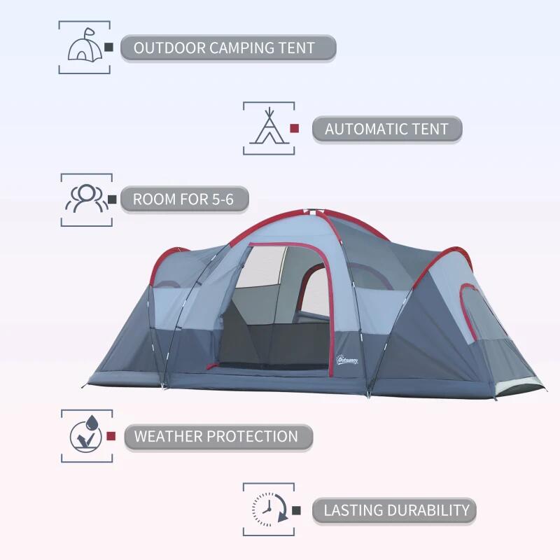 Cort camping, 5-6 persoane, material Oxford, impermeabil, cu copertina, geanta, gri si rosu, 455x230x180 cm