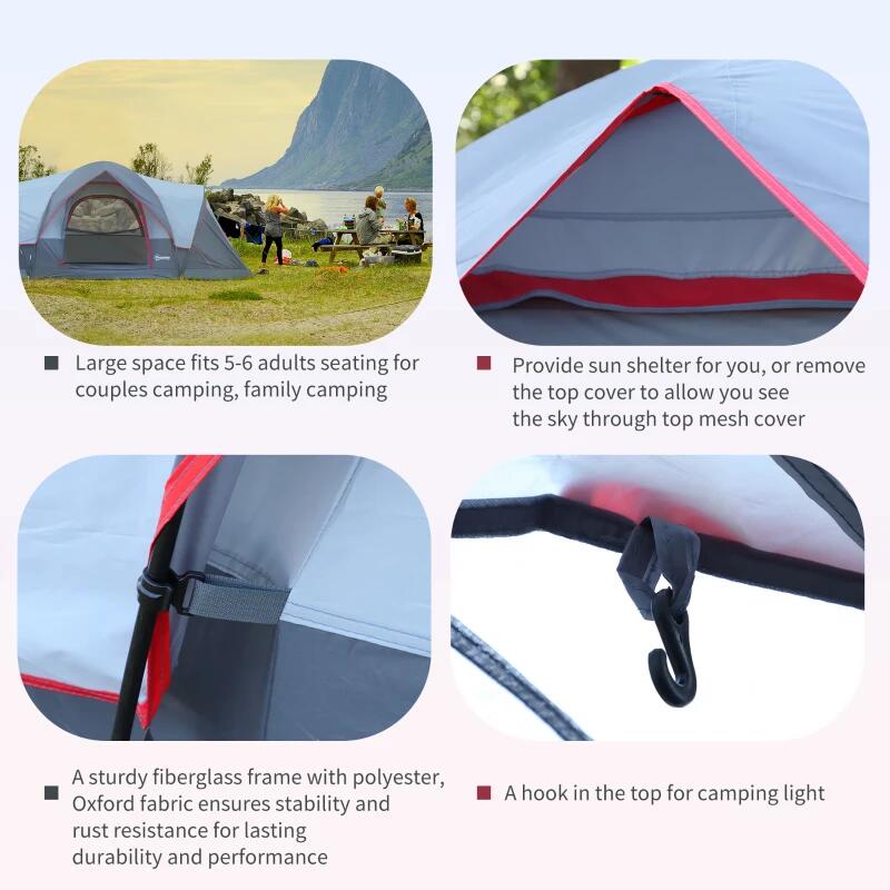 Cort camping, 5-6 persoane, material Oxford, impermeabil, cu copertina, geanta, gri si rosu, 455x230x180 cm