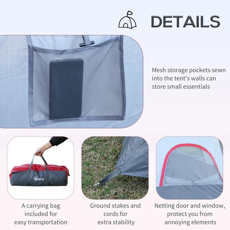 Cort camping, 5-6 persoane, material Oxford, impermeabil, cu copertina, geanta, gri si rosu, 455x230x180 cm