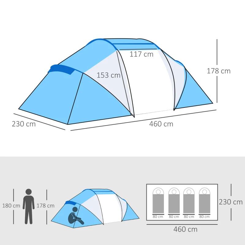 Cort camping, 6 persoane, impermeabil, cu 2 camere si vestibul, geanta, albastru si alb, 460x230x178 cm