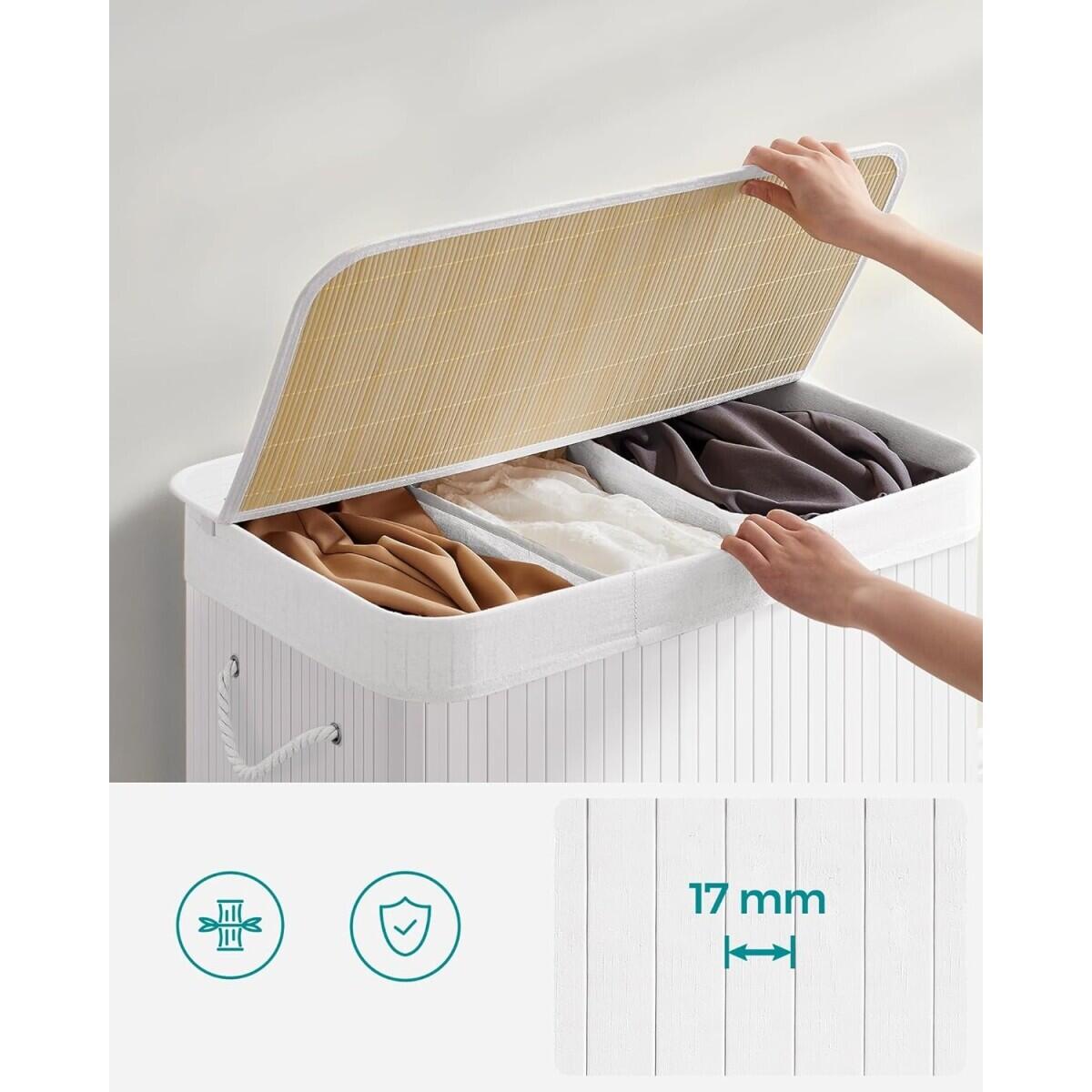 Cos rufe, 3 compartimente, bambus, alb, 25 L, 60x40x61.5 cm