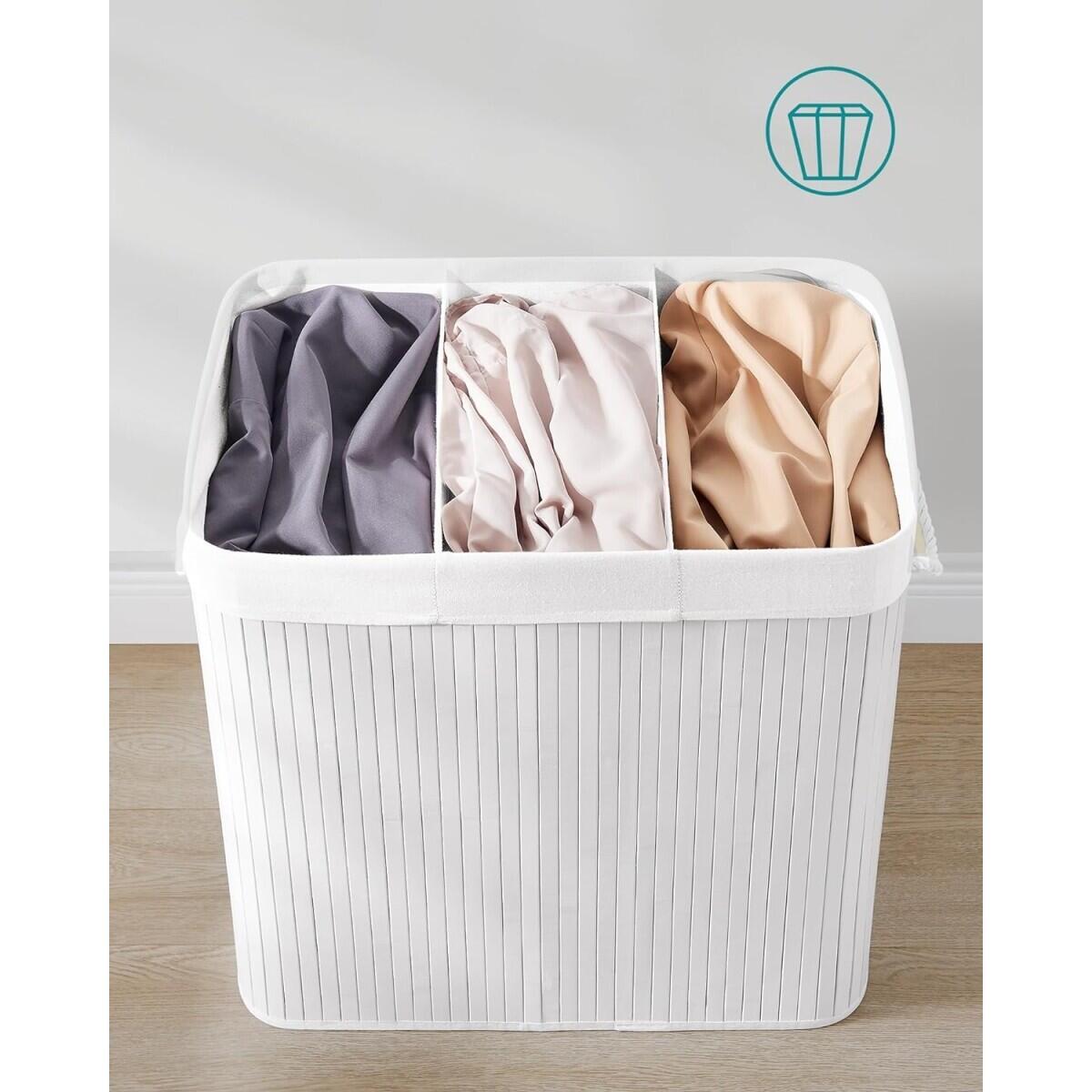 Cos rufe, 3 compartimente, bambus, alb, 25 L, 60x40x61.5 cm