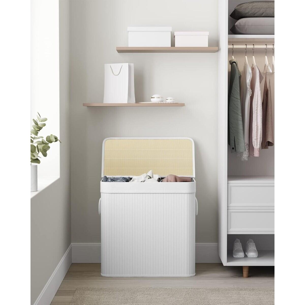 Cos rufe, 3 compartimente, bambus, alb, 25 L, 60x40x61.5 cm