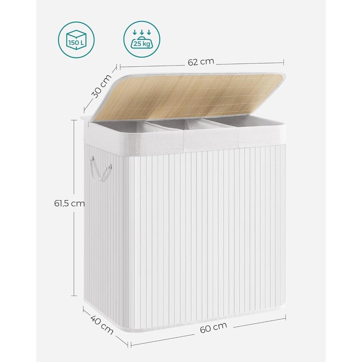 Cos rufe, 3 compartimente, bambus, alb, 25 L, 60x40x61.5 cm