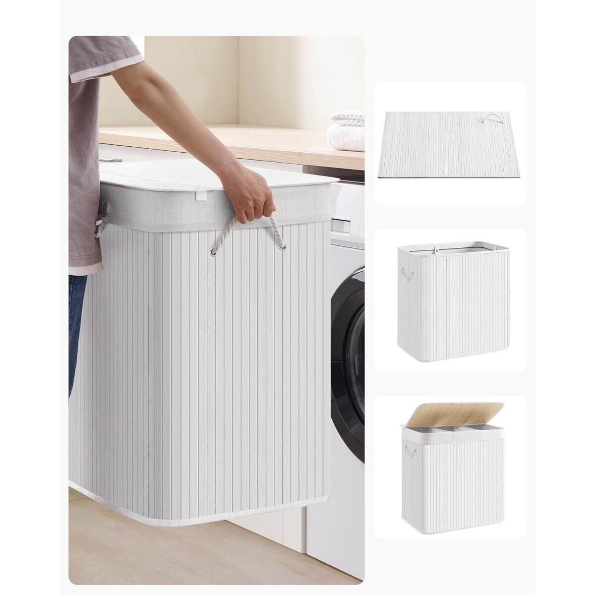 Cos rufe, 3 compartimente, bambus, alb, 25 L, 60x40x61.5 cm