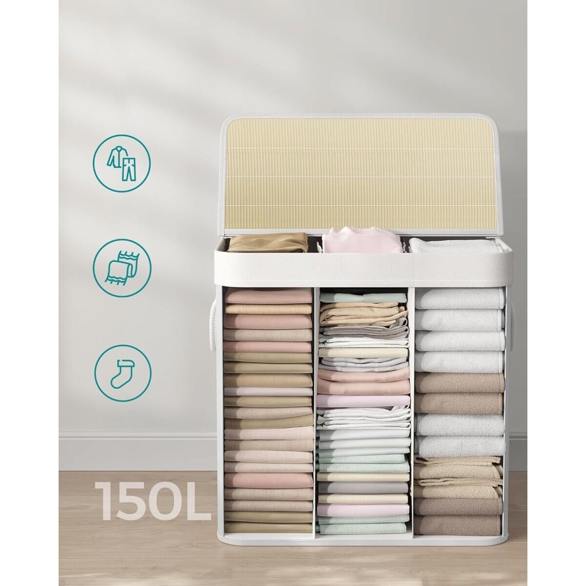 Cos rufe, 3 compartimente, bambus, alb, 25 L, 60x40x61.5 cm
