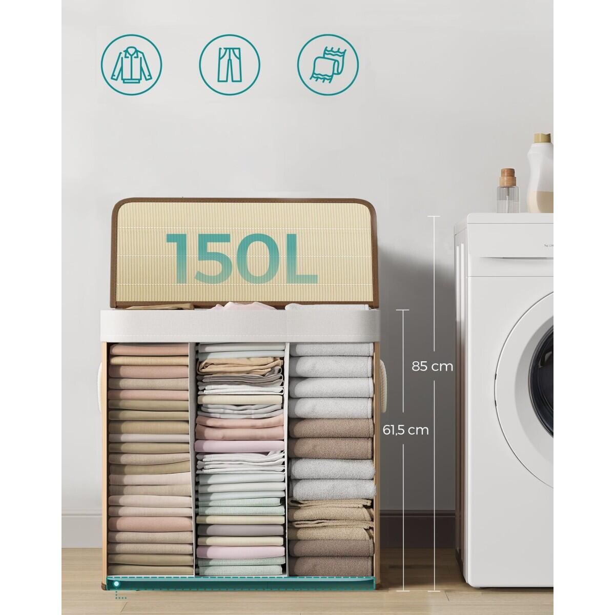 Cos rufe, 3 compartimente, bambus, natur, 150 L, 60x40x61.5 cm