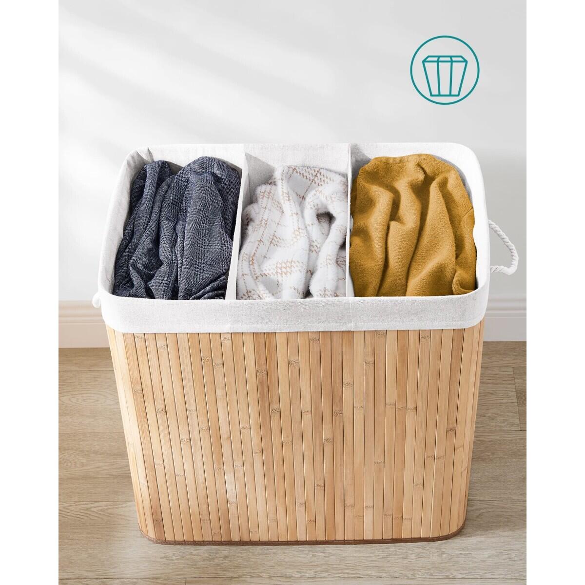 Cos rufe, 3 compartimente, bambus, natur, 150 L, 60x40x61.5 cm