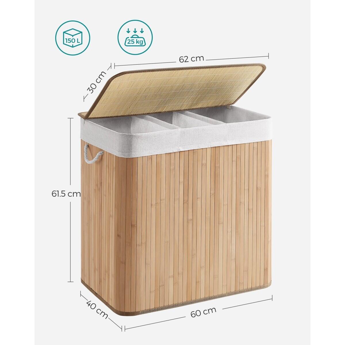 Cos rufe, 3 compartimente, bambus, natur, 150 L, 60x40x61.5 cm