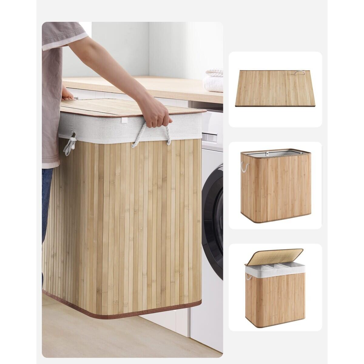 Cos rufe, 3 compartimente, bambus, natur, 150 L, 60x40x61.5 cm