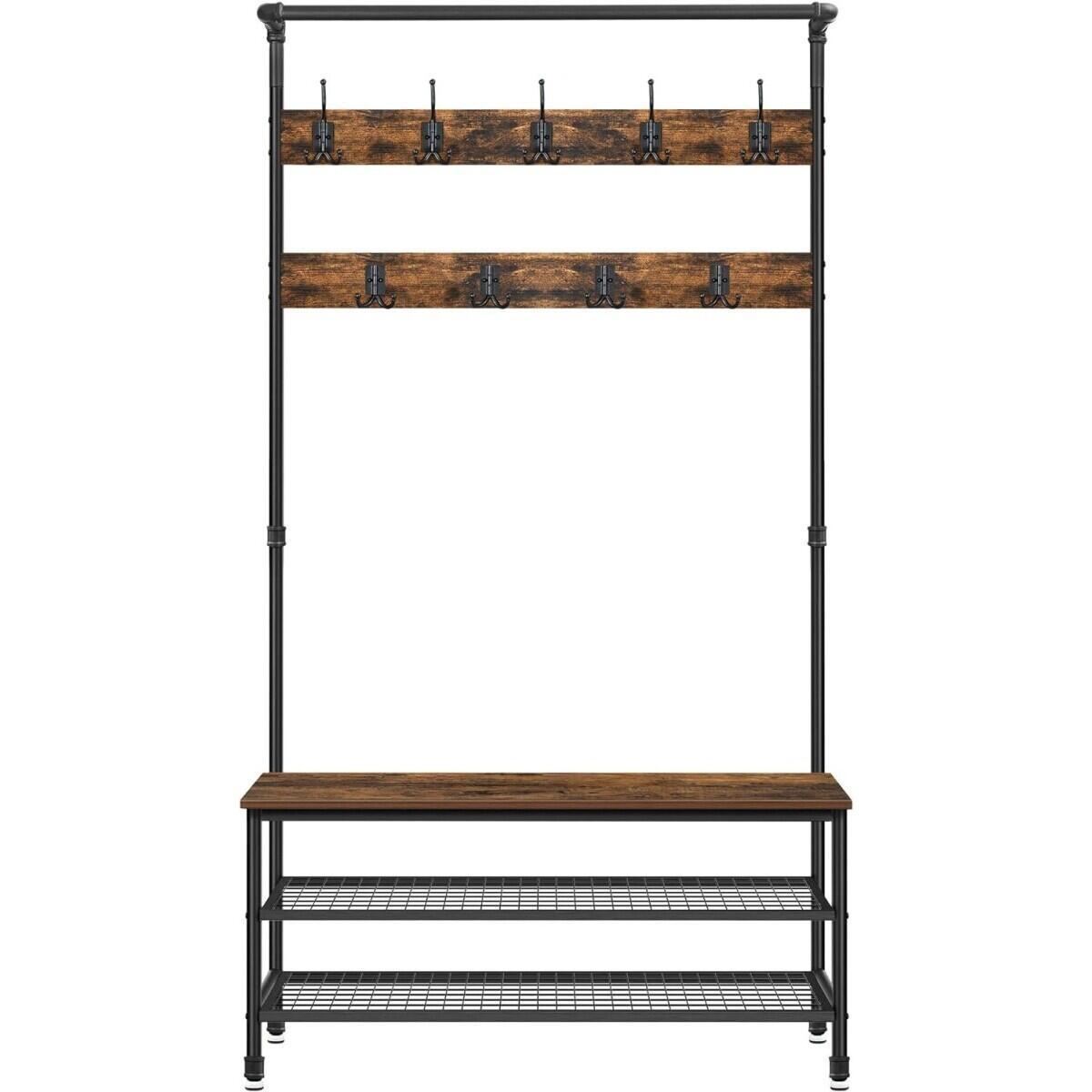 Cipőtartó 2 polccal, pad, világos, acél, rusztikus barna és fekete, 100x41,5x182 cm