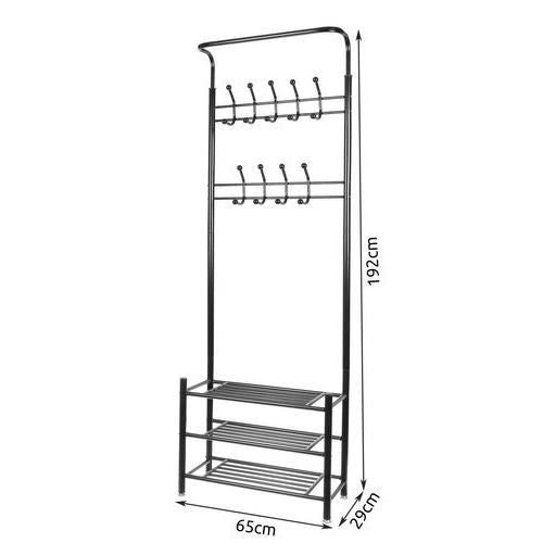 Cuier cu 3 rafturi pentru incaltaminte, 9 carlige duble, metalic, negru, 65x29x192 cm