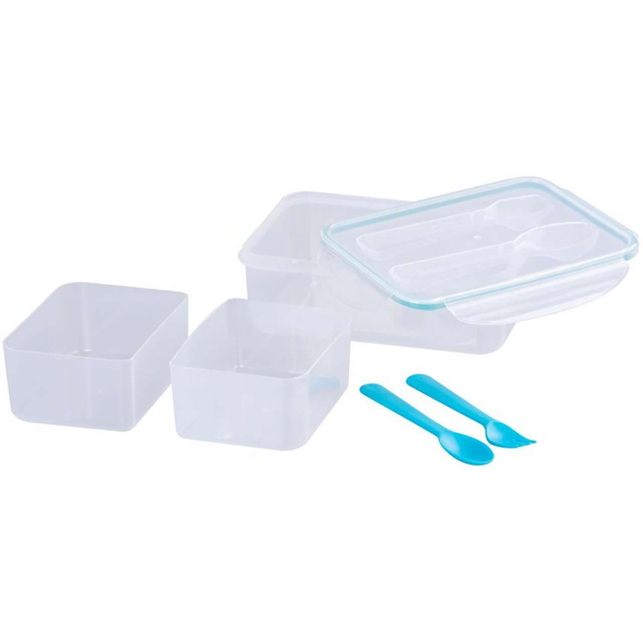 Élelmiszeres doboz/tálca, műanyag, légmentesen záródó, kék, 2 rekesszel, kanállal és villával, 1,5 L, 22x15,2x7,6 cm, MagicHome