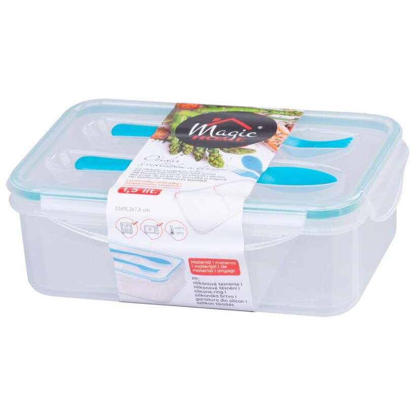 Élelmiszeres doboz/tálca, műanyag, légmentesen záródó, kék, 2 rekesszel, kanállal és villával, 1,5 L, 22x15,2x7,6 cm, MagicHome