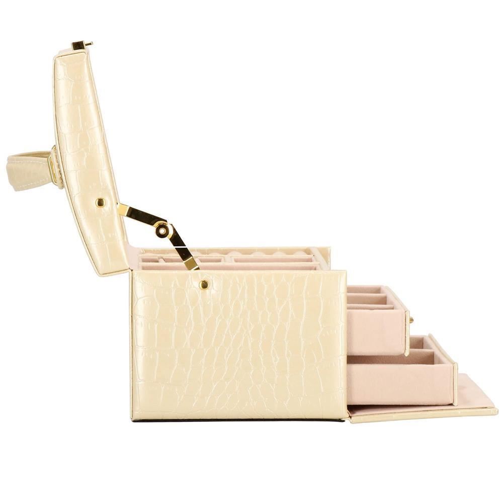 Cutie pentru bijuterii, MDF, piele ecologica si catifea, crem si roz, cu oglinda, 17.5x14x12.5 cm, Springos