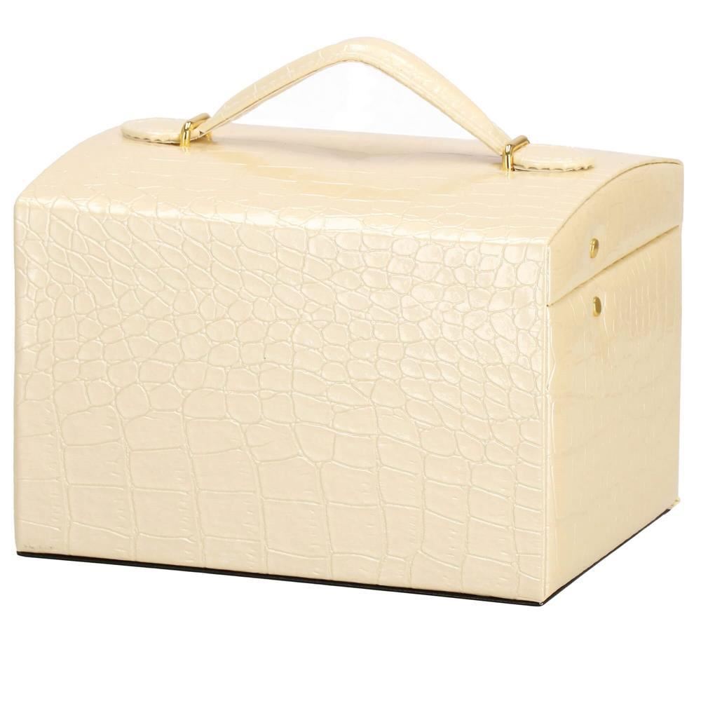 Cutie pentru bijuterii, MDF, piele ecologica si catifea, crem si roz, cu oglinda, 17.5x14x12.5 cm, Springos