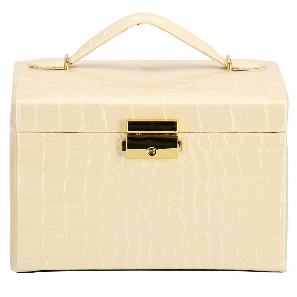 Cutie pentru bijuterii, MDF, piele ecologica si catifea, crem si roz, cu oglinda, 17.5x14x12.5 cm, Springos