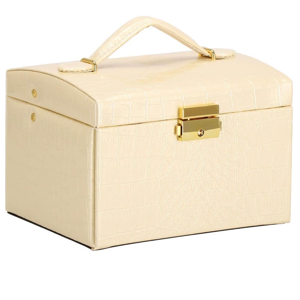 Cutie pentru bijuterii, MDF, piele ecologica si catifea, crem si roz, cu oglinda, 17.5x14x12.5 cm, Springos