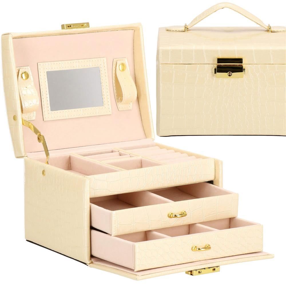 Cutie pentru bijuterii, MDF, piele ecologica si catifea, crem si roz, cu oglinda, 17.5x14x12.5 cm, Springos