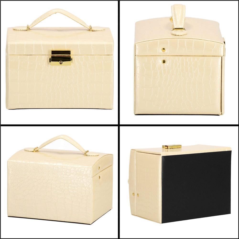 Cutie pentru bijuterii, MDF, piele ecologica si catifea, crem si roz, cu oglinda, 17.5x14x12.5 cm, Springos
