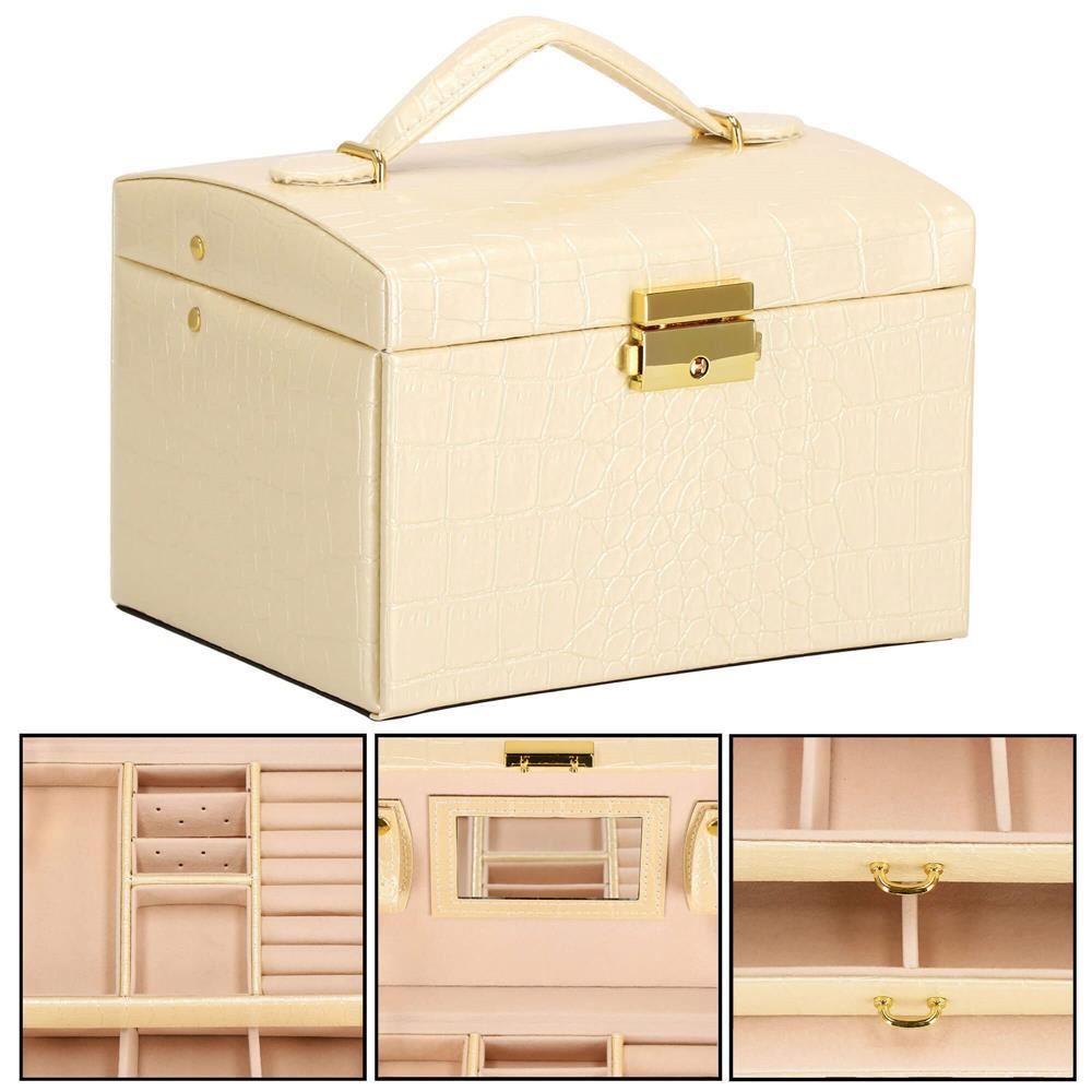 Cutie pentru bijuterii, MDF, piele ecologica si catifea, crem si roz, cu oglinda, 17.5x14x12.5 cm, Springos