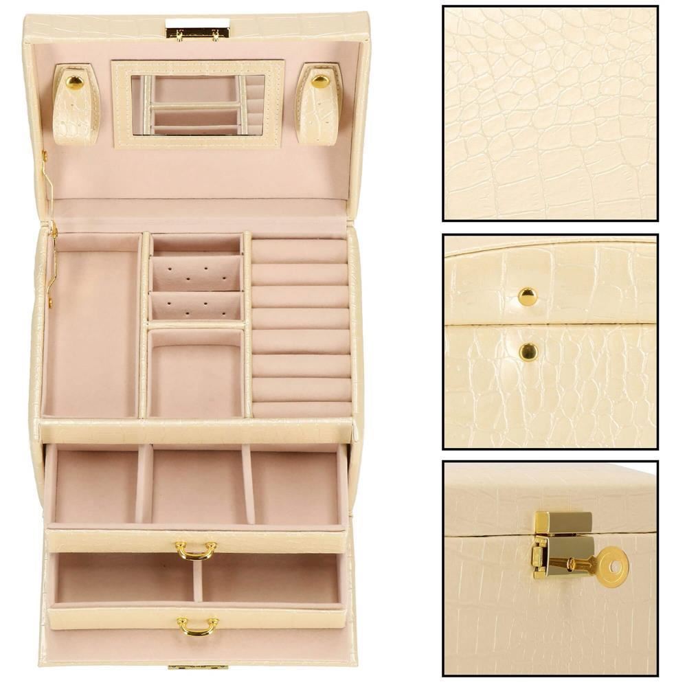 Cutie pentru bijuterii, MDF, piele ecologica si catifea, crem si roz, cu oglinda, 17.5x14x12.5 cm, Springos