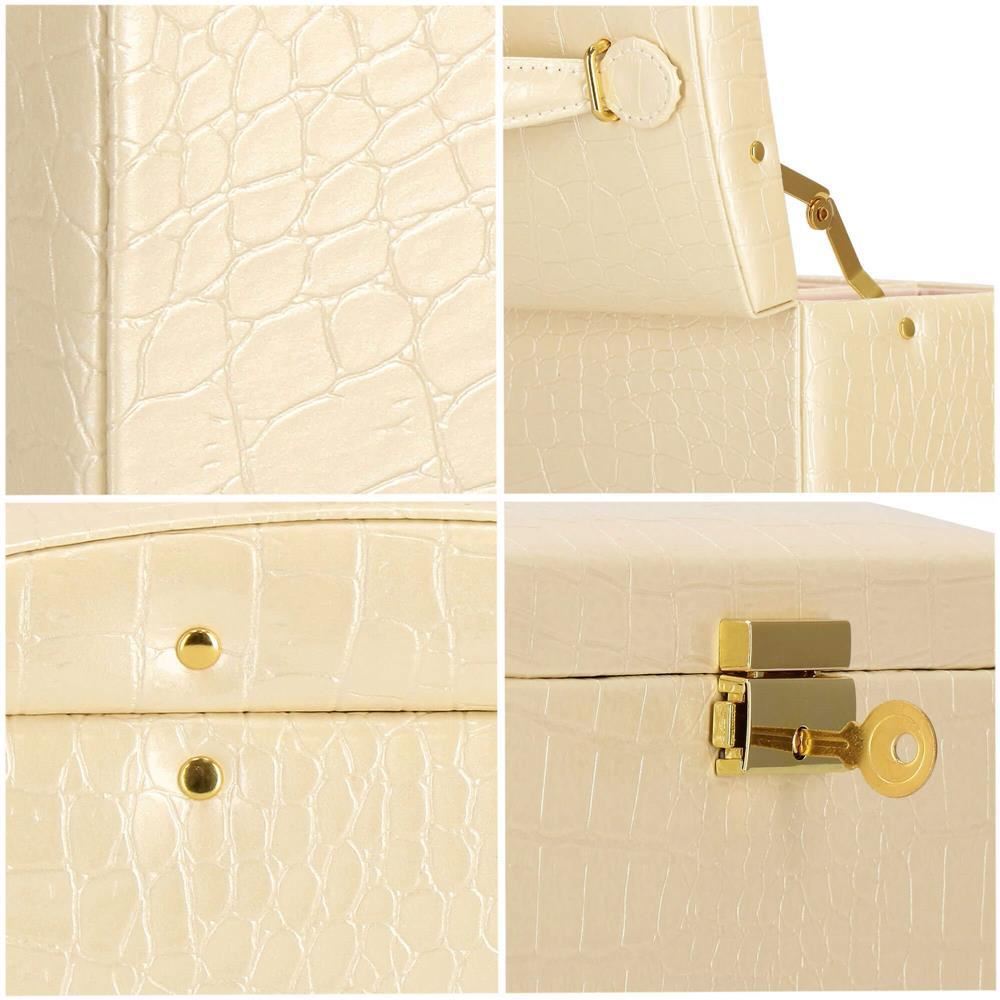 Cutie pentru bijuterii, MDF, piele ecologica si catifea, crem si roz, cu oglinda, 17.5x14x12.5 cm, Springos