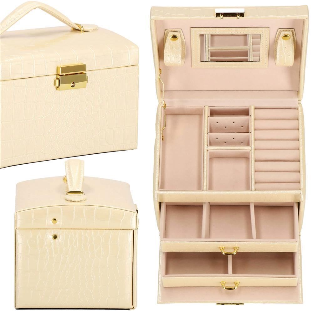 Cutie pentru bijuterii, MDF, piele ecologica si catifea, crem si roz, cu oglinda, 17.5x14x12.5 cm, Springos