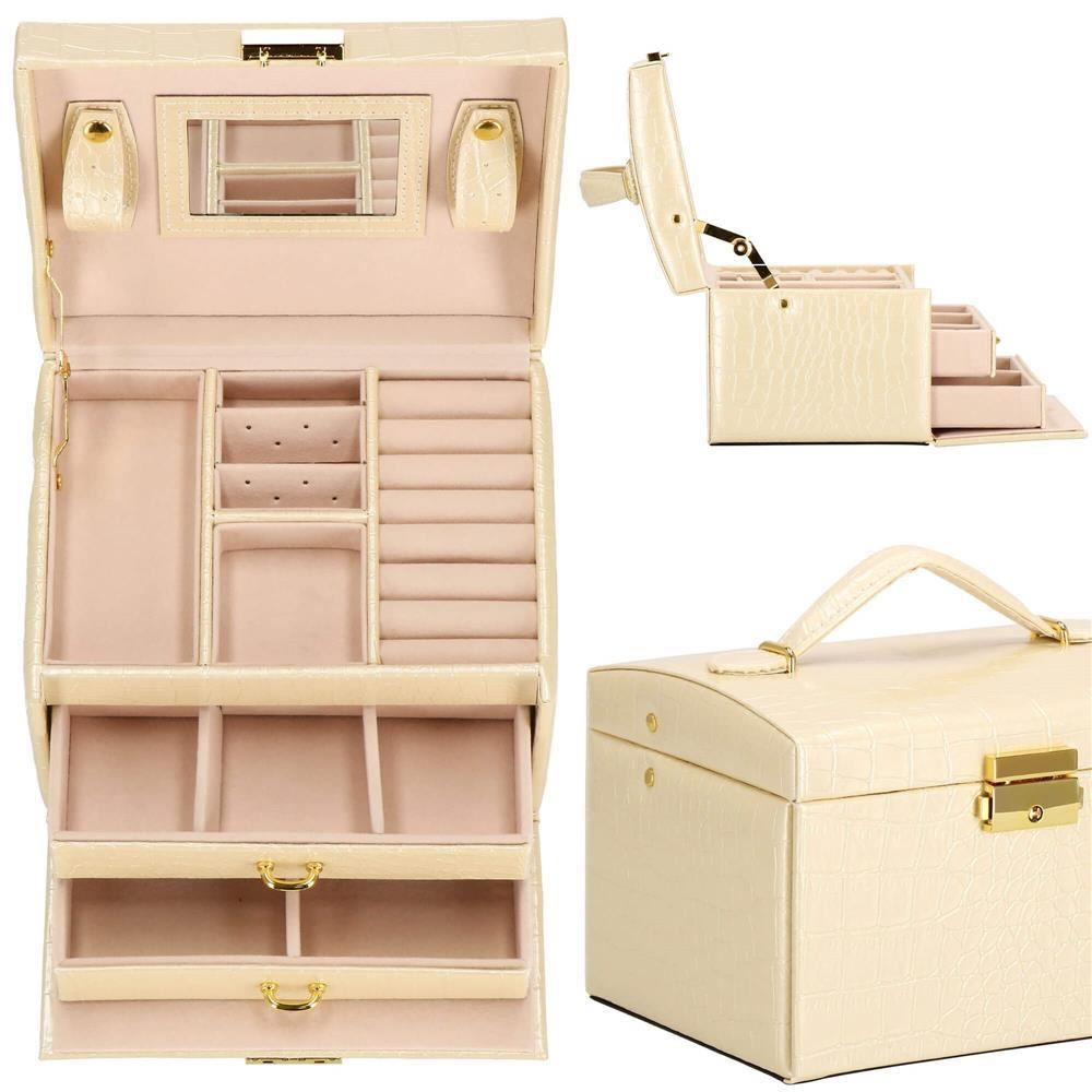 Cutie pentru bijuterii, MDF, piele ecologica si catifea, crem si roz, cu oglinda, 17.5x14x12.5 cm, Springos