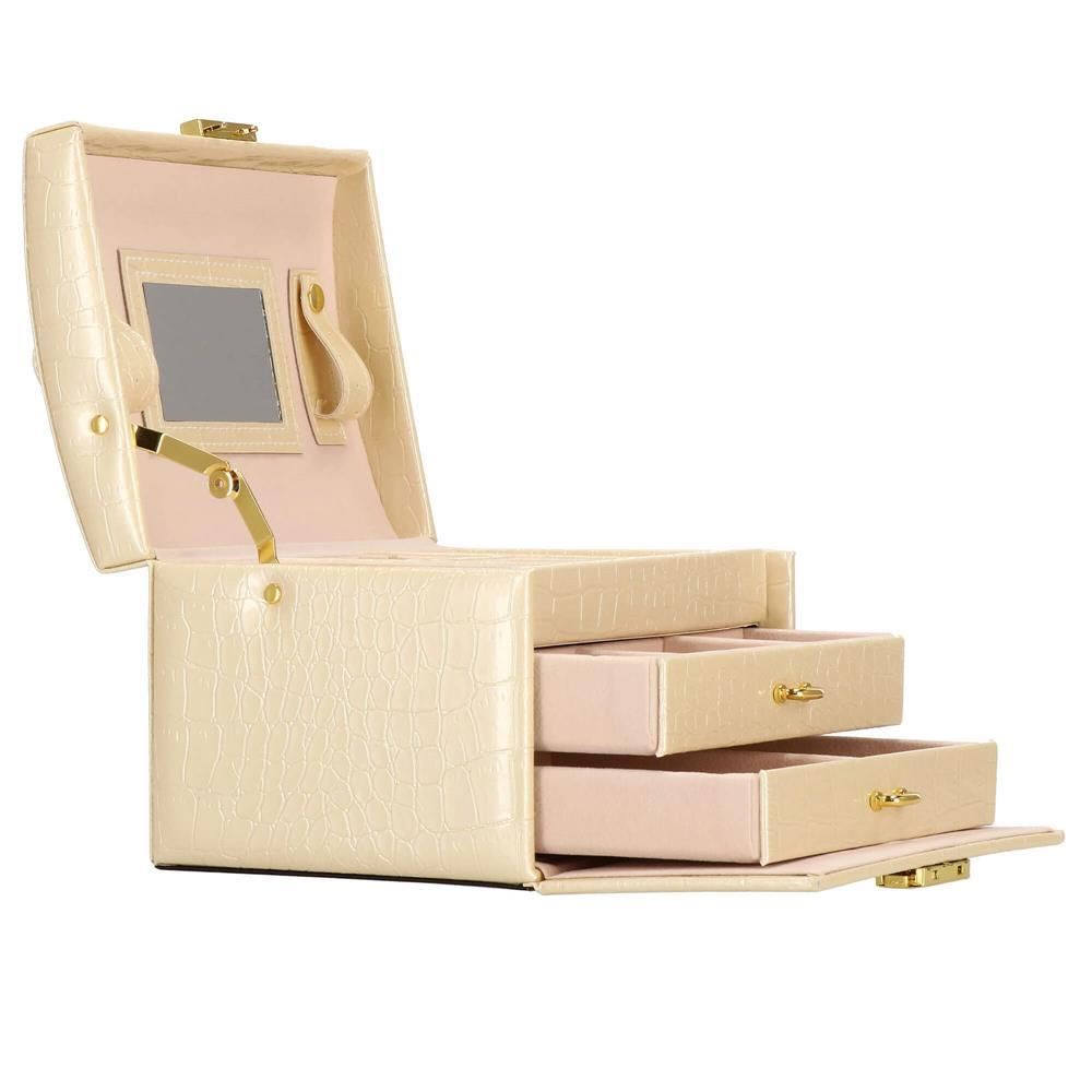 Cutie pentru bijuterii, MDF, piele ecologica si catifea, crem si roz, cu oglinda, 17.5x14x12.5 cm, Springos