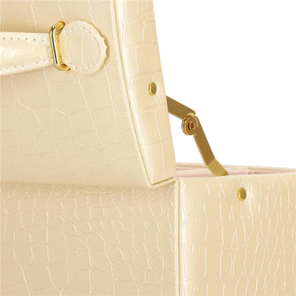 Cutie pentru bijuterii, MDF, piele ecologica si catifea, crem si roz, cu oglinda, 17.5x14x12.5 cm, Springos