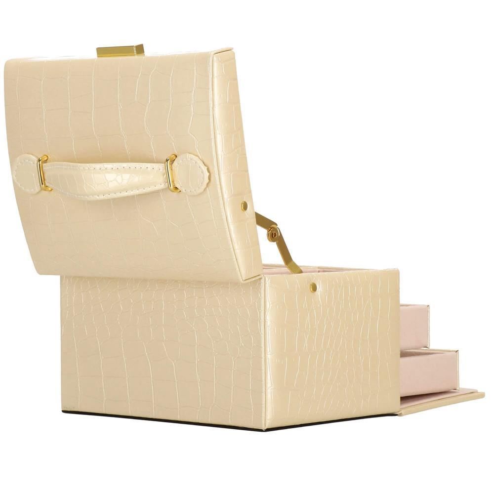 Cutie pentru bijuterii, MDF, piele ecologica si catifea, crem si roz, cu oglinda, 17.5x14x12.5 cm, Springos