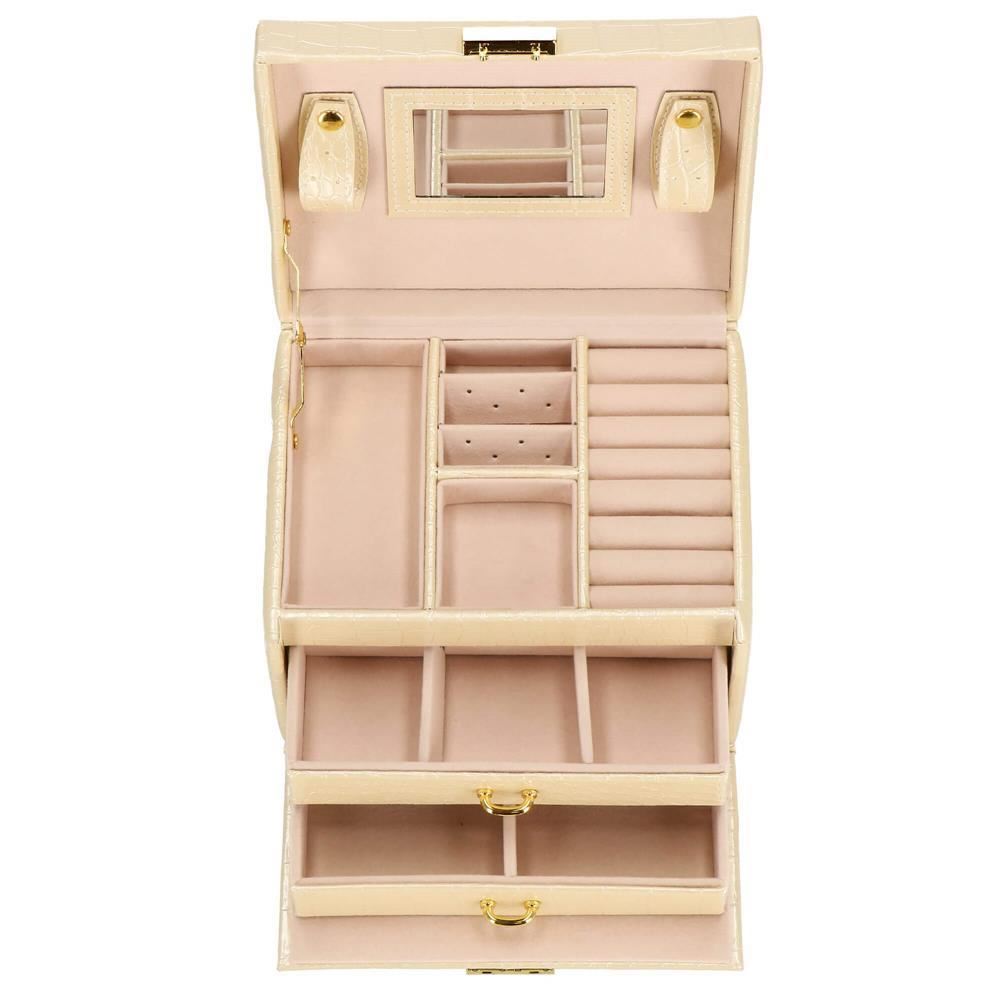 Cutie pentru bijuterii, MDF, piele ecologica si catifea, crem si roz, cu oglinda, 17.5x14x12.5 cm, Springos