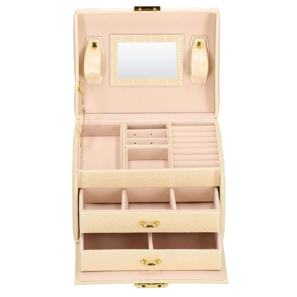 Cutie pentru bijuterii, MDF, piele ecologica si catifea, crem si roz, cu oglinda, 17.5x14x12.5 cm, Springos