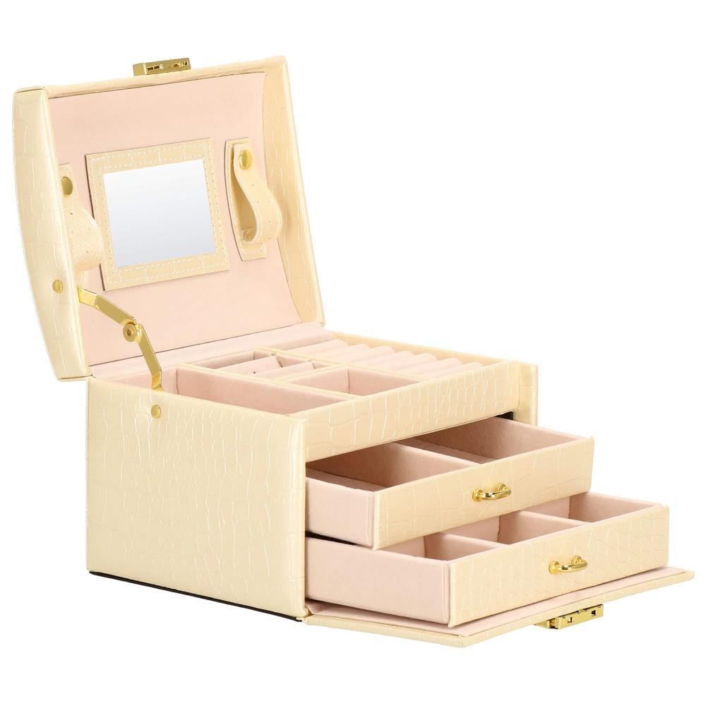 Cutie pentru bijuterii, MDF, piele ecologica si catifea, crem si roz, cu oglinda, 17.5x14x12.5 cm, Springos